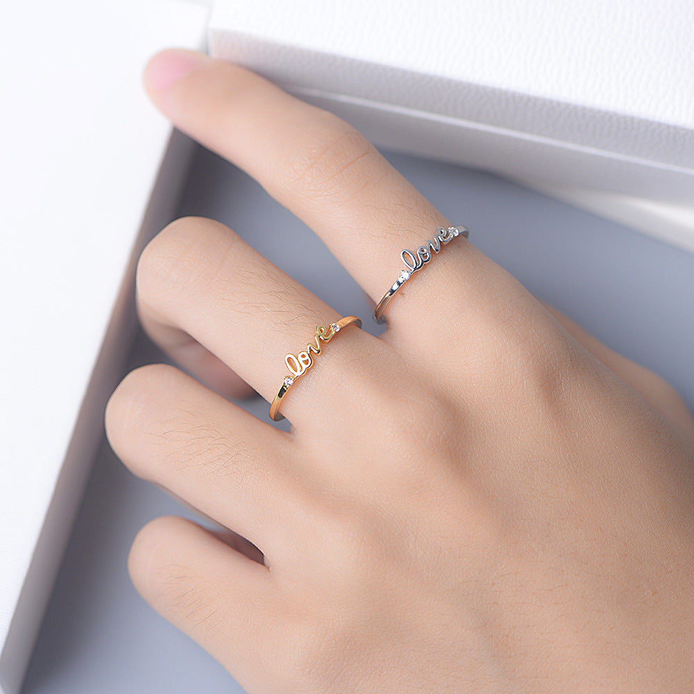 925 Sterling Silver LOVE Letter Ring, Sparkling Zirconia Band