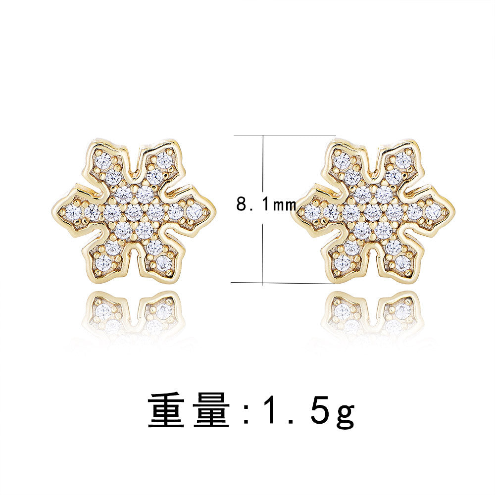 925 Sterling Silver Snowflake Zirconia Stud Earrings, Minimalist Winter Jewelry