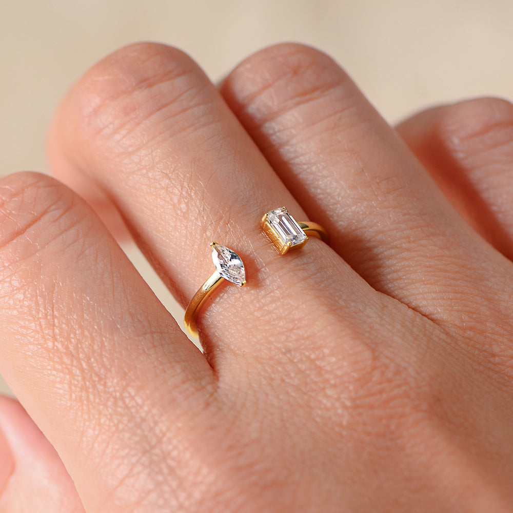 925 Sterling Silver Zirconia Open Ring, Light Luxury Geometric Ins Style Adjustable Jewelry