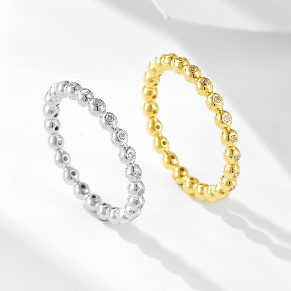 925 Sterling Silver Beaded Zirconia Ring, Minimalist High-End Stackable Jewelry