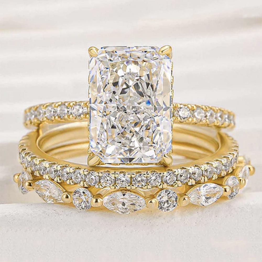 925 Sterling Silver Ice Flower Cut Zirconia Ring Set, High-End Light Luxury Ins Style Stacking Jewelry