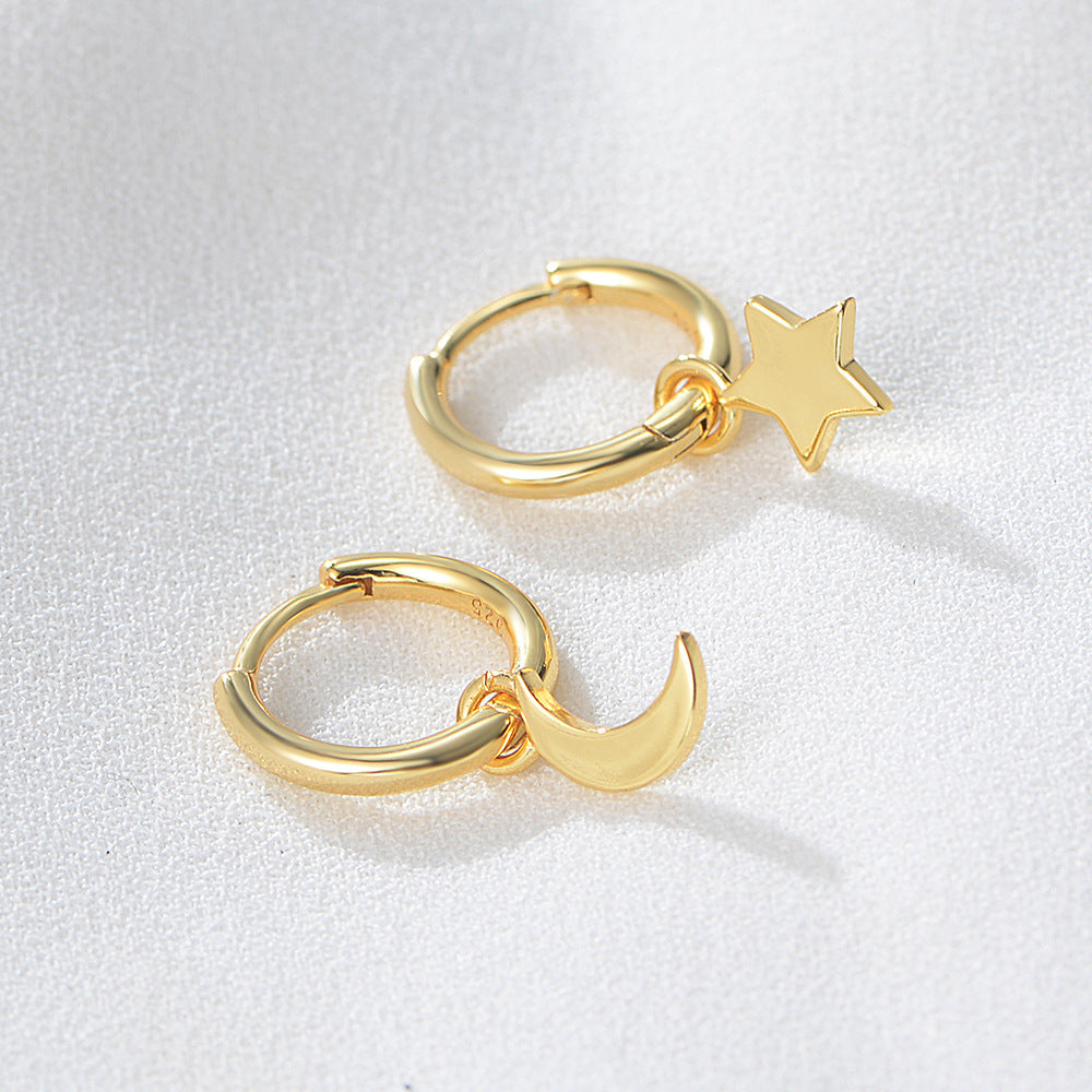 925 Sterling Silver Asymmetric Star and Moon Drop Earrings, Gold-Plated Trendy Aesthetic Jewelry