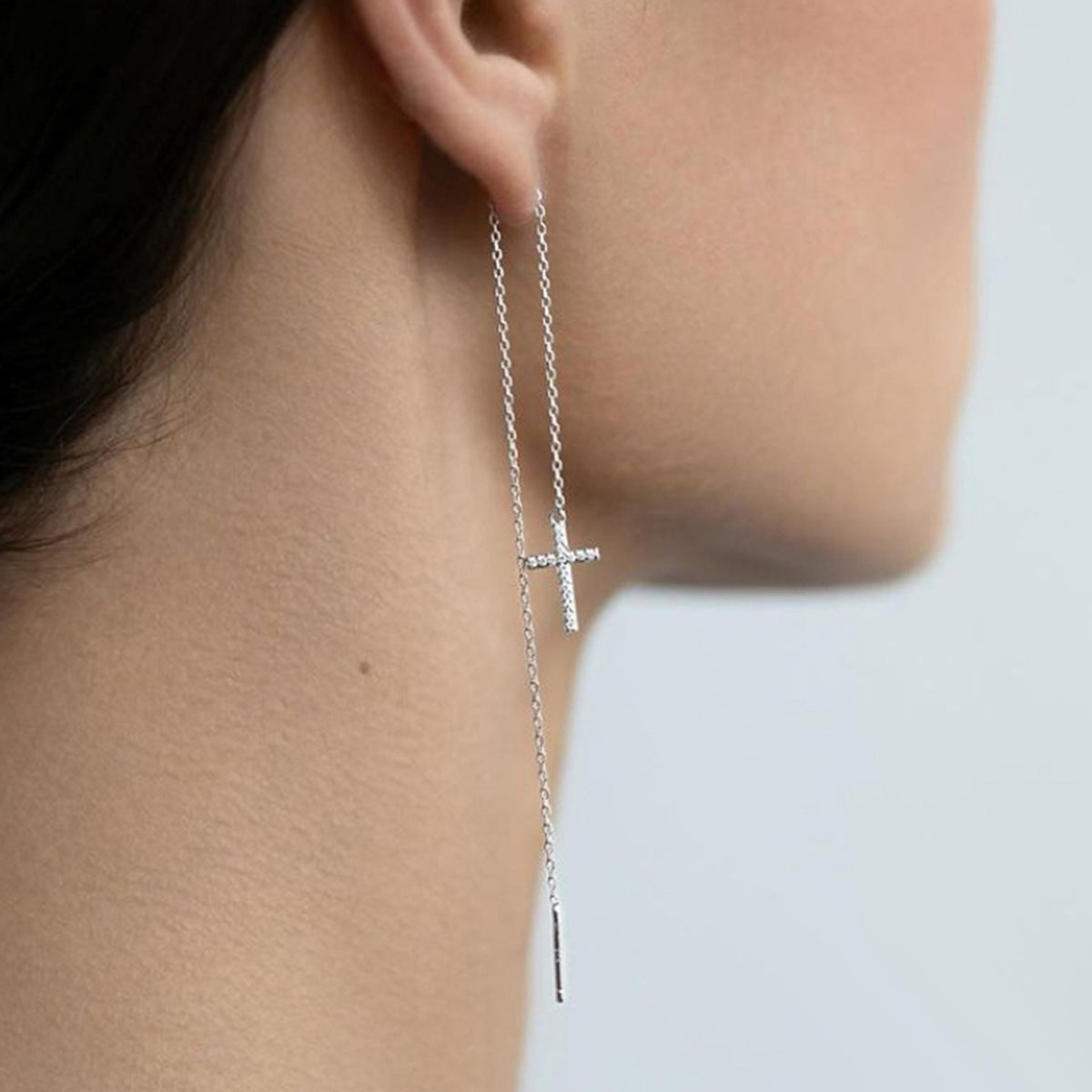 Cross Ear Threads - S925 Silver Micro Zircon Long Drop European Jewelry