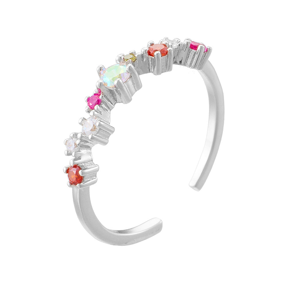925 Sterling Silver Colorful Zirconia Open Ring, Light Luxury Romantic Ins Style Adjustable Jewelry