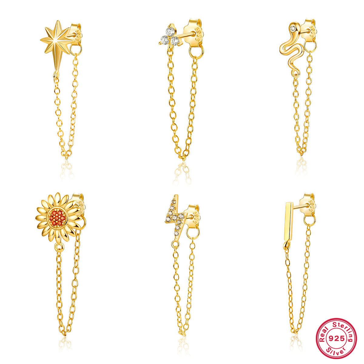 Octagram Snake Earring - 925 Silver Single Chain Geometric Jewelry