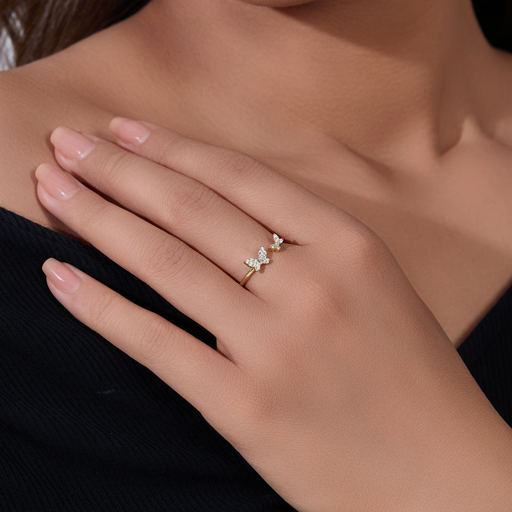 925 Sterling Silver Dainty Butterfly Open Ring, Light Luxury Minimalist Ins Style Adjustable Jewelry