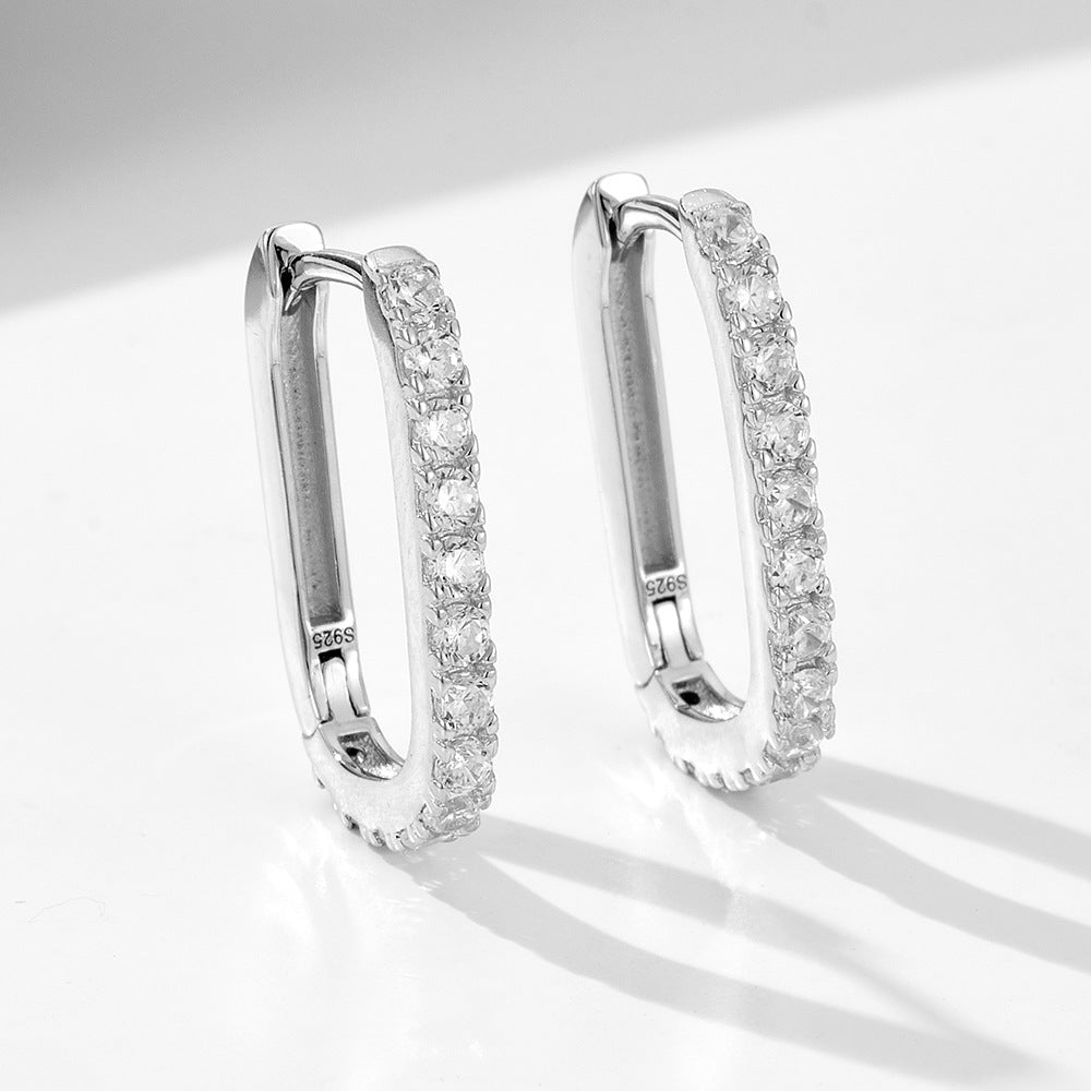925 Sterling Silver Oval Zirconia Hoop Earrings, High-End Fashion Huggie Jewelry