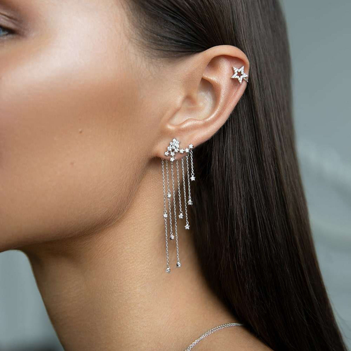 Star Fringe Earrings - 925 Silver Back Hook Light Luxury Studs