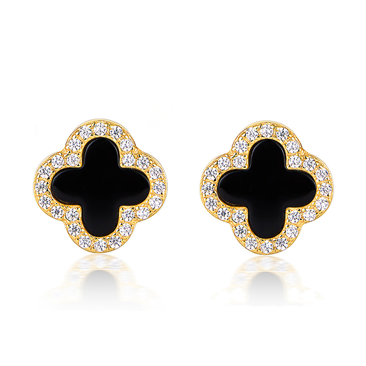 Four Leaf Clover Necklace & Earrings Set - Sterling Silver Black Agate Jewelry Gift