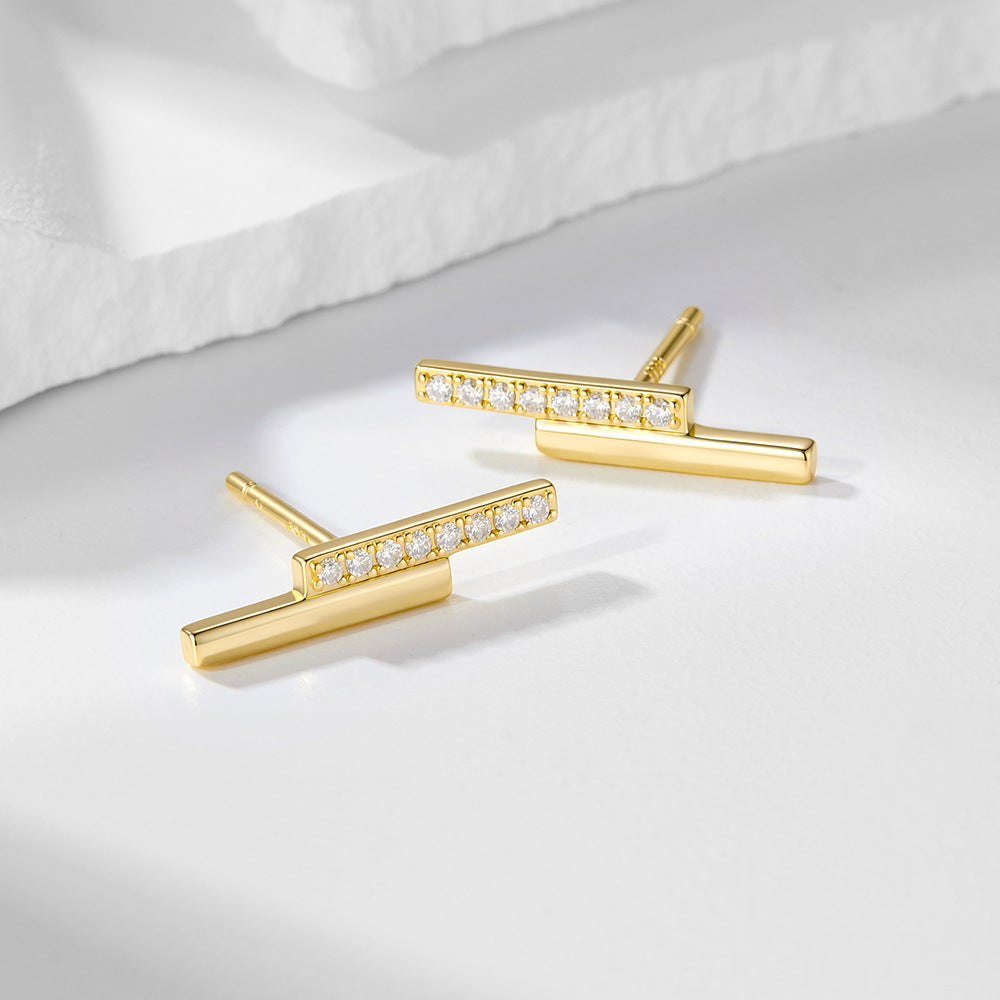925 Sterling Silver Minimalist Double-Row Bar Stud Earrings, Geometric Line Pave Zirconia Jewelry