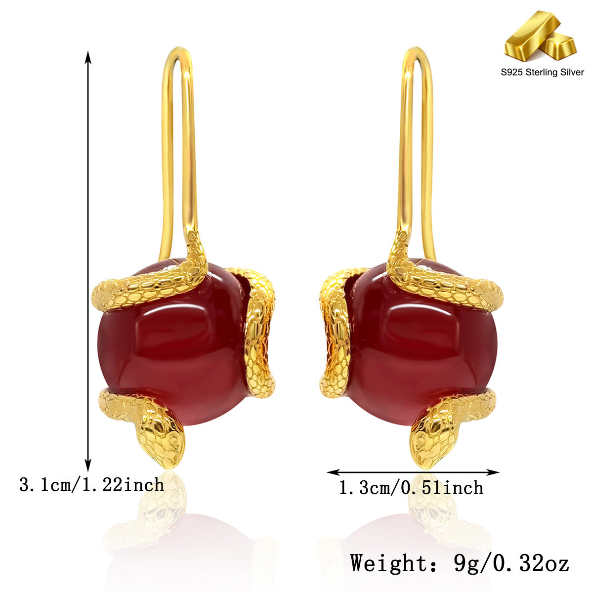 Serpentine Agate Ear Hooks - S925 Silver Retro High-End Banquet Earrings