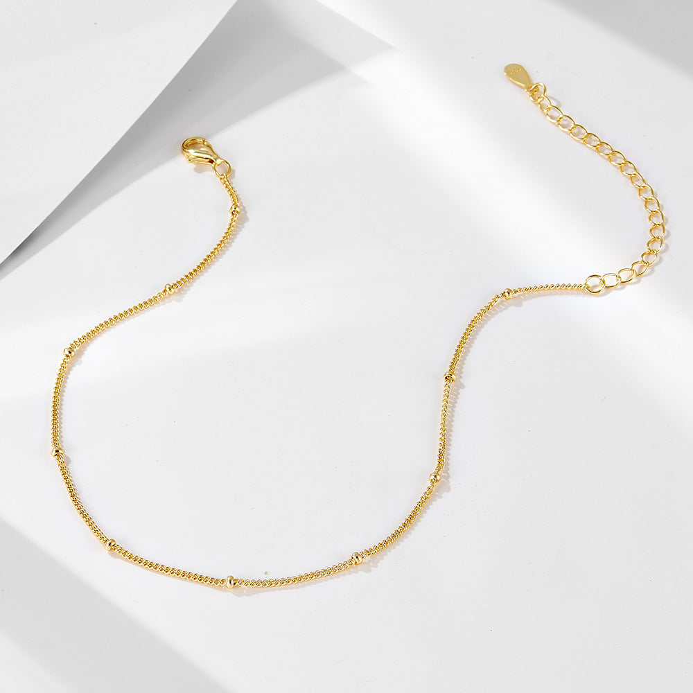 925 Sterling Silver 14K Gold Plated Tiny Bead Anklet, Retro Classic Minimalist Foot Jewelry