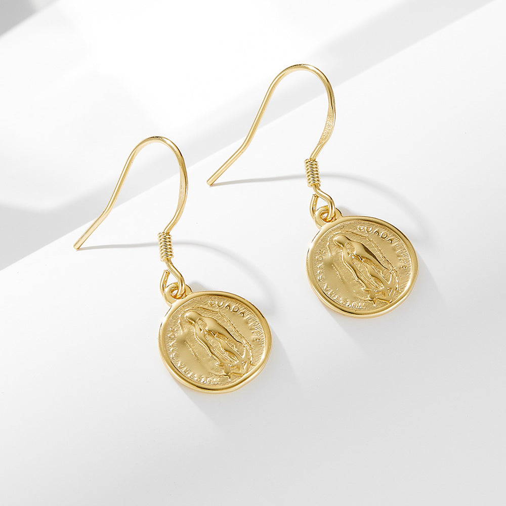 925 Sterling Silver Virgin Mary Coin Drop Earrings, Vintage European & American Style Jewelry