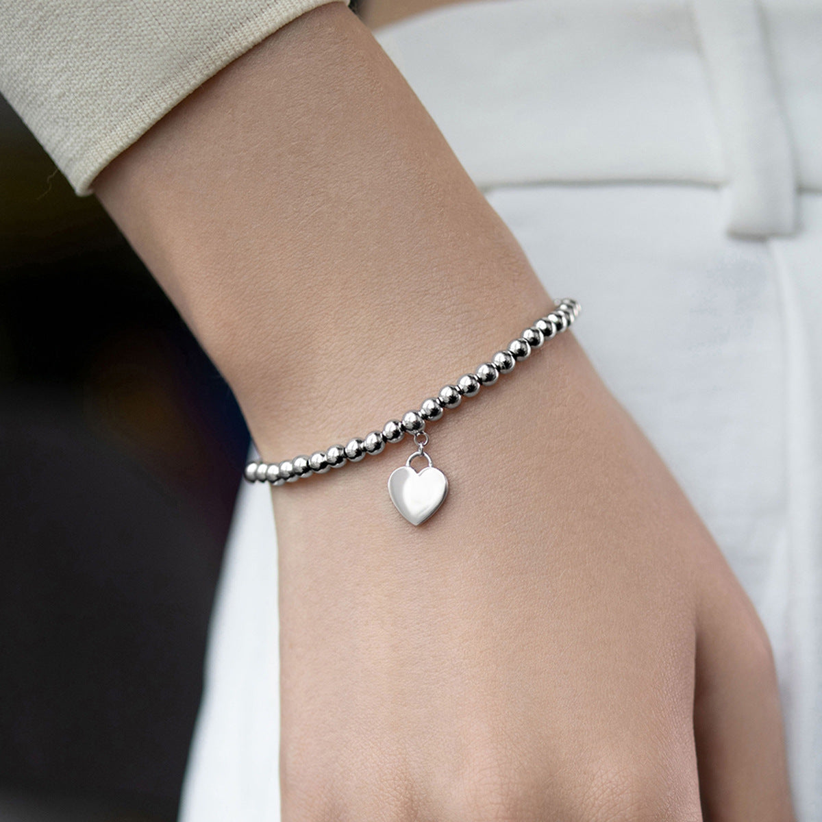 Heart Beaded Bracelet - 925 Silver Detailed Pendant Chain Wholesale