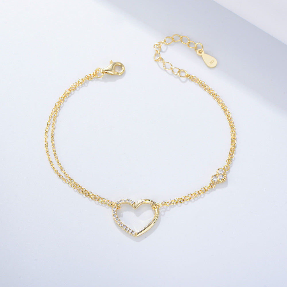 925 Sterling Silver Double-Layer Heart Link Bracelet, Sparkling Zirconia Jewelry