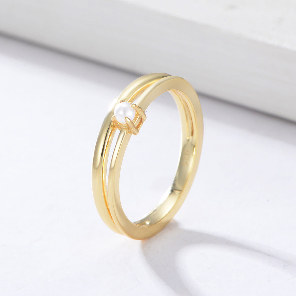 925 Sterling Silver Double Layer Pearl Ring, Minimalist Open Band