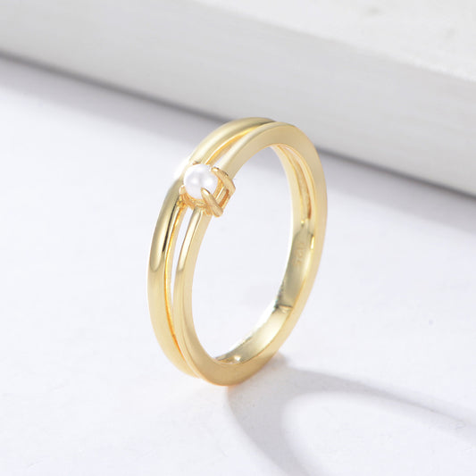 925 Sterling Silver Double Layer Pearl Ring, Minimalist Open Band