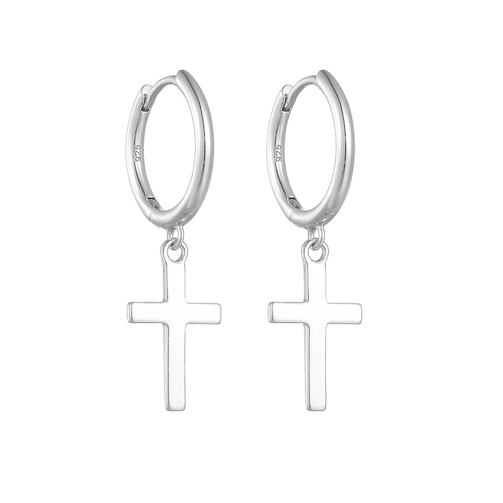 925 Sterling Silver Cross Drop Hoop Earrings, Minimalist Hip-Hop Style Jewelry