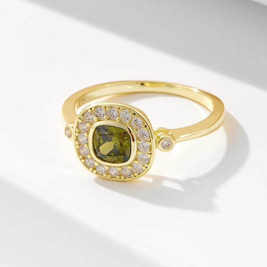 925 Sterling Silver Oval Olive Green Zirconia Ring, Vintage High-End Jewelry