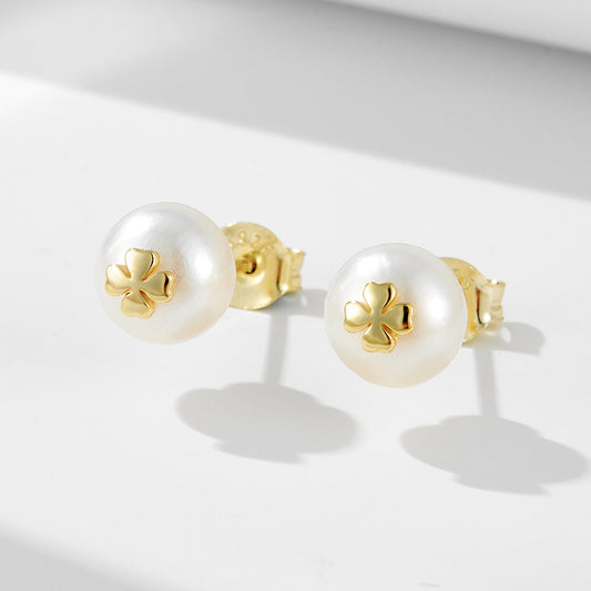Sterling Silver Elegant Lucky Clover Pearl Studs for Women, Timeless Graceful Accessory