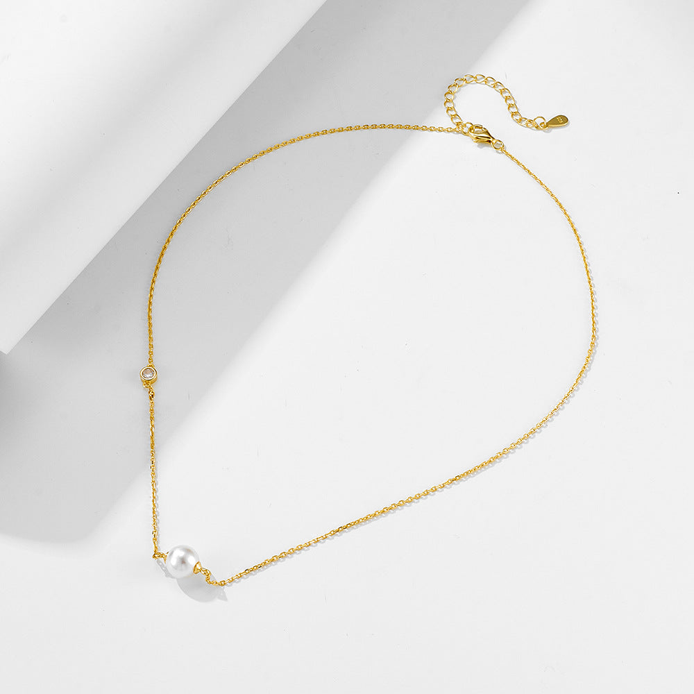 S925 Silver Elegant Solitaire Pearl Choker - Versatile Aesthetic Clavicle Chain