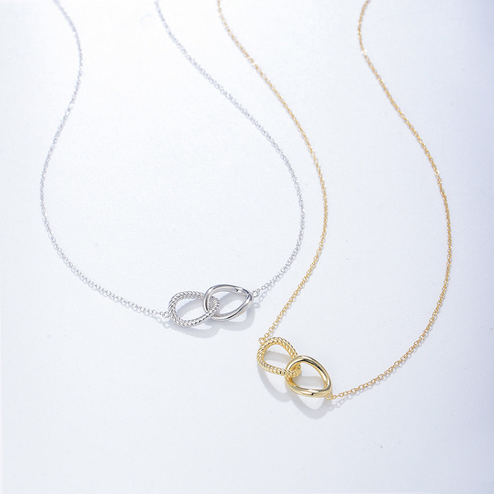 925 Sterling Silver Geometric Twisted Double Ring Necklace, Interlocking Circle Jewelry