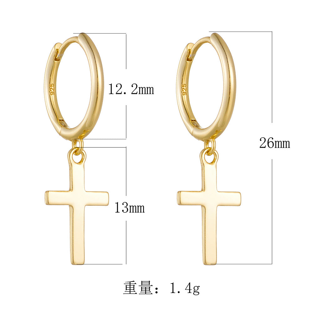 925 Sterling Silver Cross Drop Hoop Earrings, Minimalist Hip-Hop Style Jewelry