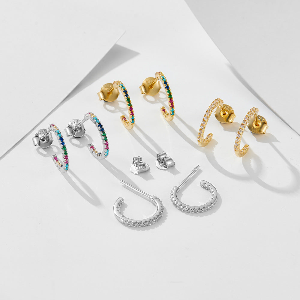 S925 Silver Rainbow C-Shape Earrings, Micro-Pave Zirconia Half Hoops for Women
