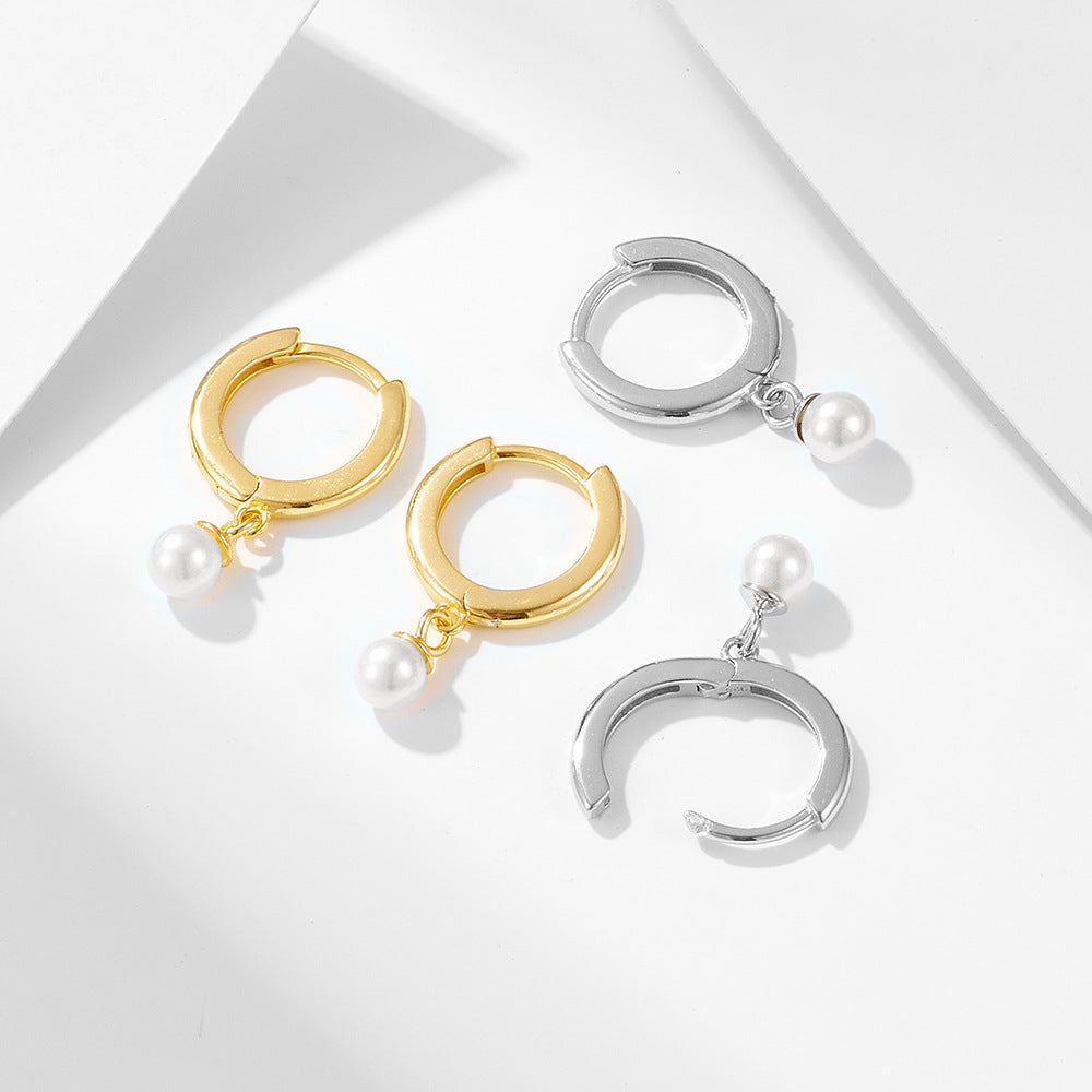925 Silver Elegant Pearl Huggie Earrings - High-End French Vintage Style