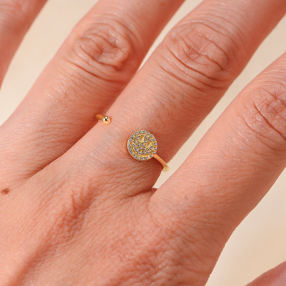S925 Silver Modern Sparkling Smiley Ring - Adjustable High-End Aesthetic Band
