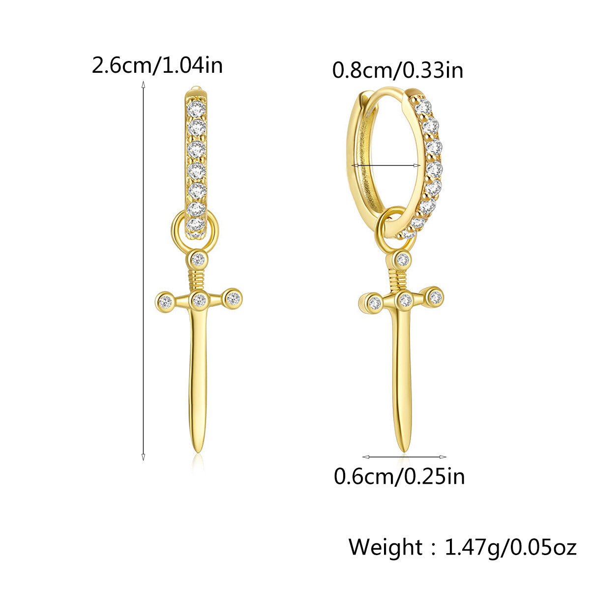 S925 Sterling Silver Cross Dagger Earrings | Light Luxury Zircon Inlay European & American Jewelry