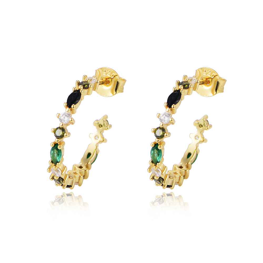 Elegant S925 Silver Rainbow C-Hoops - Chic Aesthetic Colored Zircon Earrings, Modern Luxury Geometric Studs