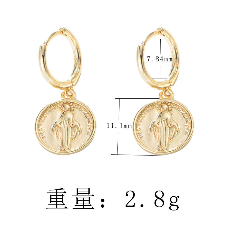 S925 Silver Retro Religious Medallion Dangle Earrings - Modern Street Style Aesthetic
