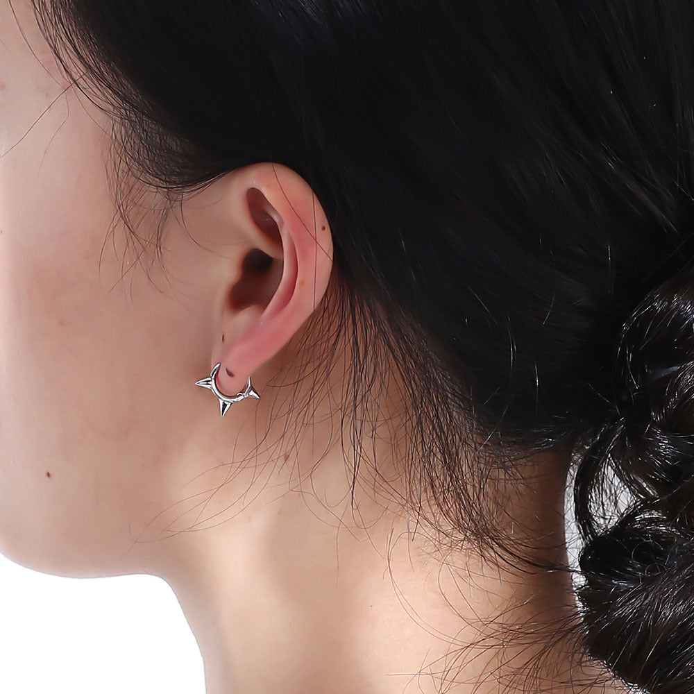 925 Sterling Silver Spike Huggie Hoop Earrings, Punk Style Jewelry