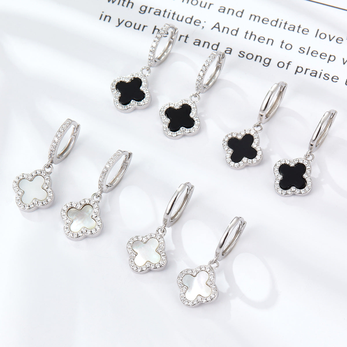 Four Leaf Clover Necklace & Earrings Set - Sterling Silver Black Agate Jewelry Gift