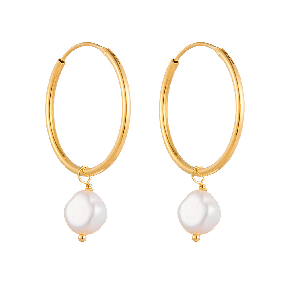 925 Sterling Silver Natural Freshwater Pearl Hoop Earrings, Minimalist High-End Vintage Jewelry