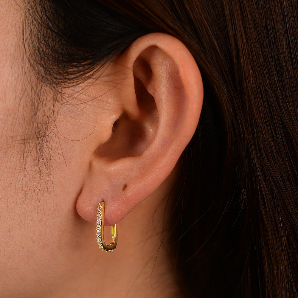 925 Sterling Silver Oval Zirconia Hoop Earrings, High-End Fashion Huggie Jewelry