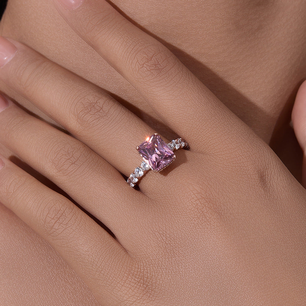925 Sterling Silver Rose Gold Plated Full Pave Square Zirconia Ring, High-End Ins Style Luxury Jewelry