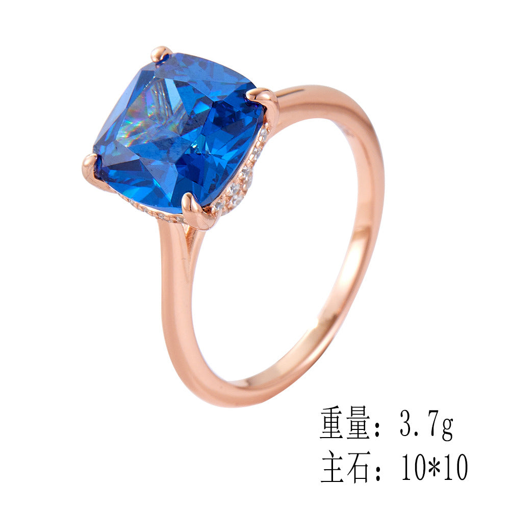 925 Sterling Silver Rose Gold Plated Cushion Cut Blue Zirconia Ring, Luxury Gemstone Jewelry