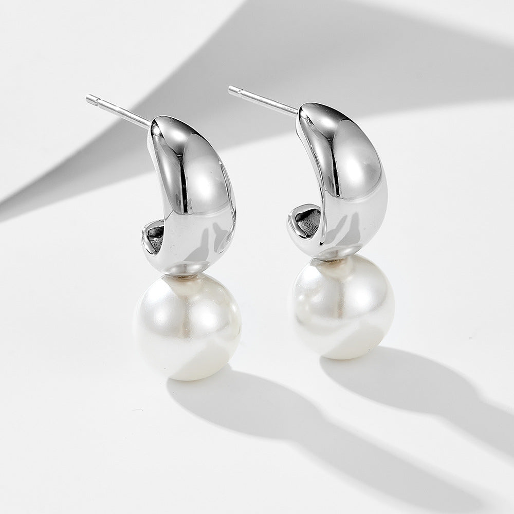 Sterling Silver Unique C-Shape Pearl Studs for Women, Luxury Vintage Ins Style