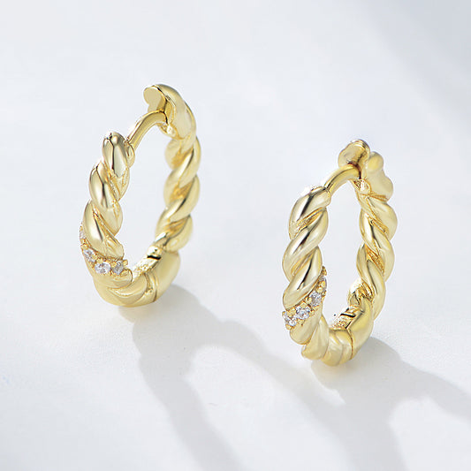 925 Sterling Silver Twisted Rope Hoop Earrings, Gold Plated Zirconia Huggie Hoops, Minimalist Geometric Ear Buckles, Hypoallergenic Jewelry for Women