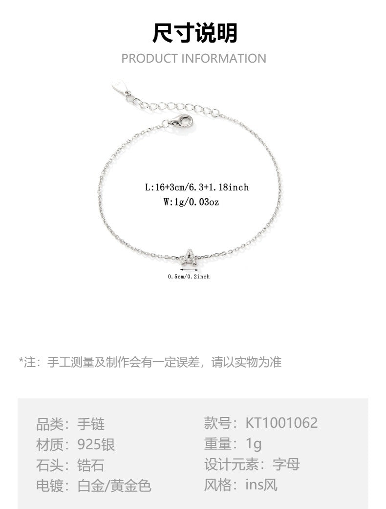 Alphabet Zircon Bracelet - 925 Silver Light Luxury Niche Jewelry