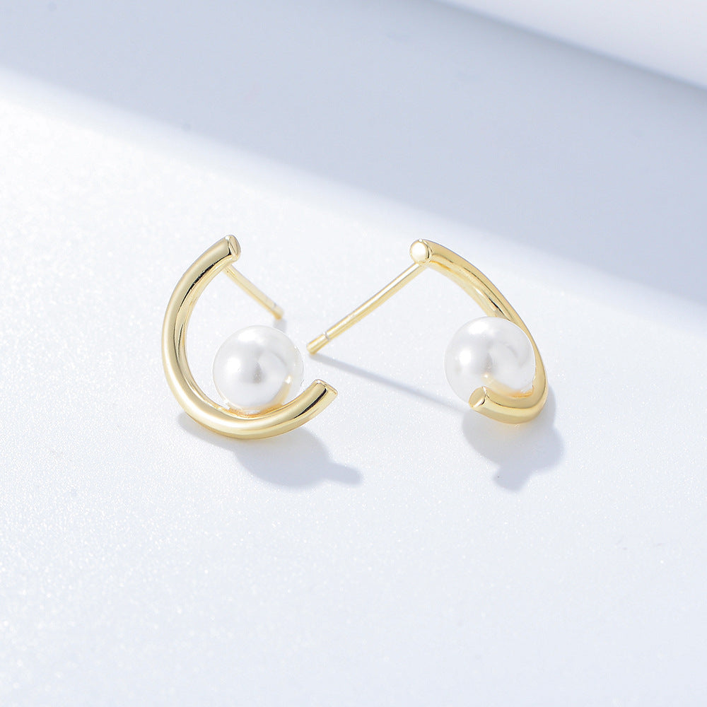 S925 Silver Modern C-Hoop Pearl Studs - Elegant Half-Circle Versatile Earrings