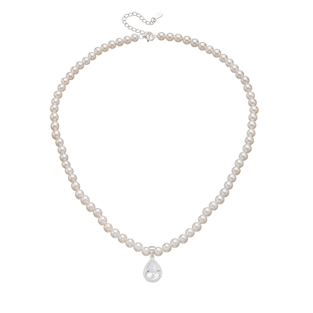 Sterling Silver Dainty Teardrop Charm Pearl Necklace for Women, Modern Chic Aesthetic