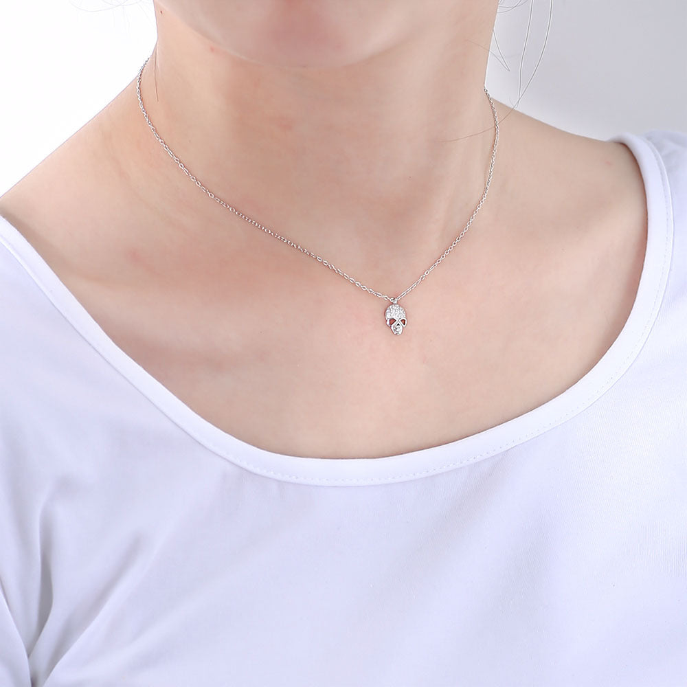 925 Sterling Silver Skull Pendant Necklace, Sparkling Zirconia Hip-Hop Jewelry