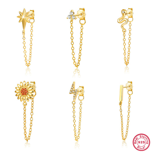 Octagram Snake Earring - 925 Silver Single Chain Geometric Jewelry