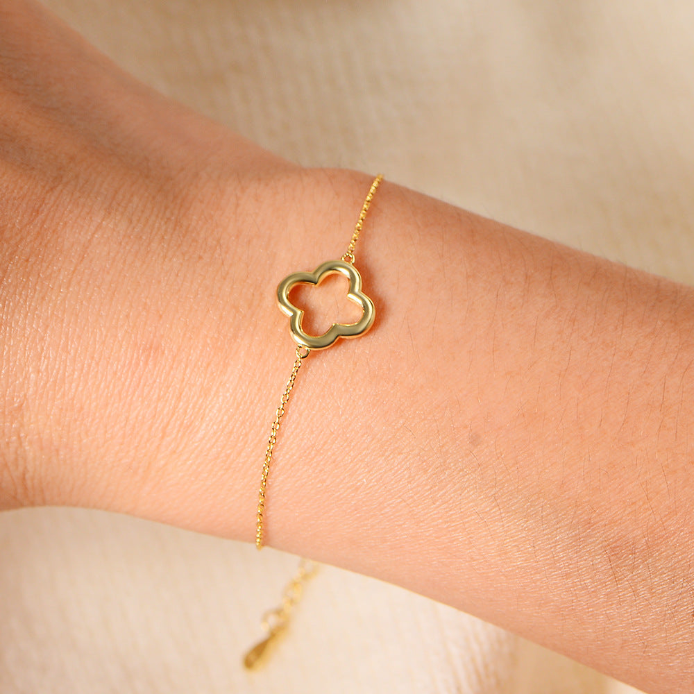 Sterling Silver Dainty Hollow Leaf Clover Link Bracelet for Women, Versatile Aesthetic Accessory