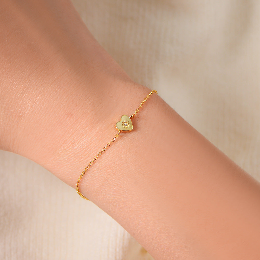 925 Sterling Silver 14K Gold Plated Heart Bracelet, Minimalist High-End Love Charm Jewelry
