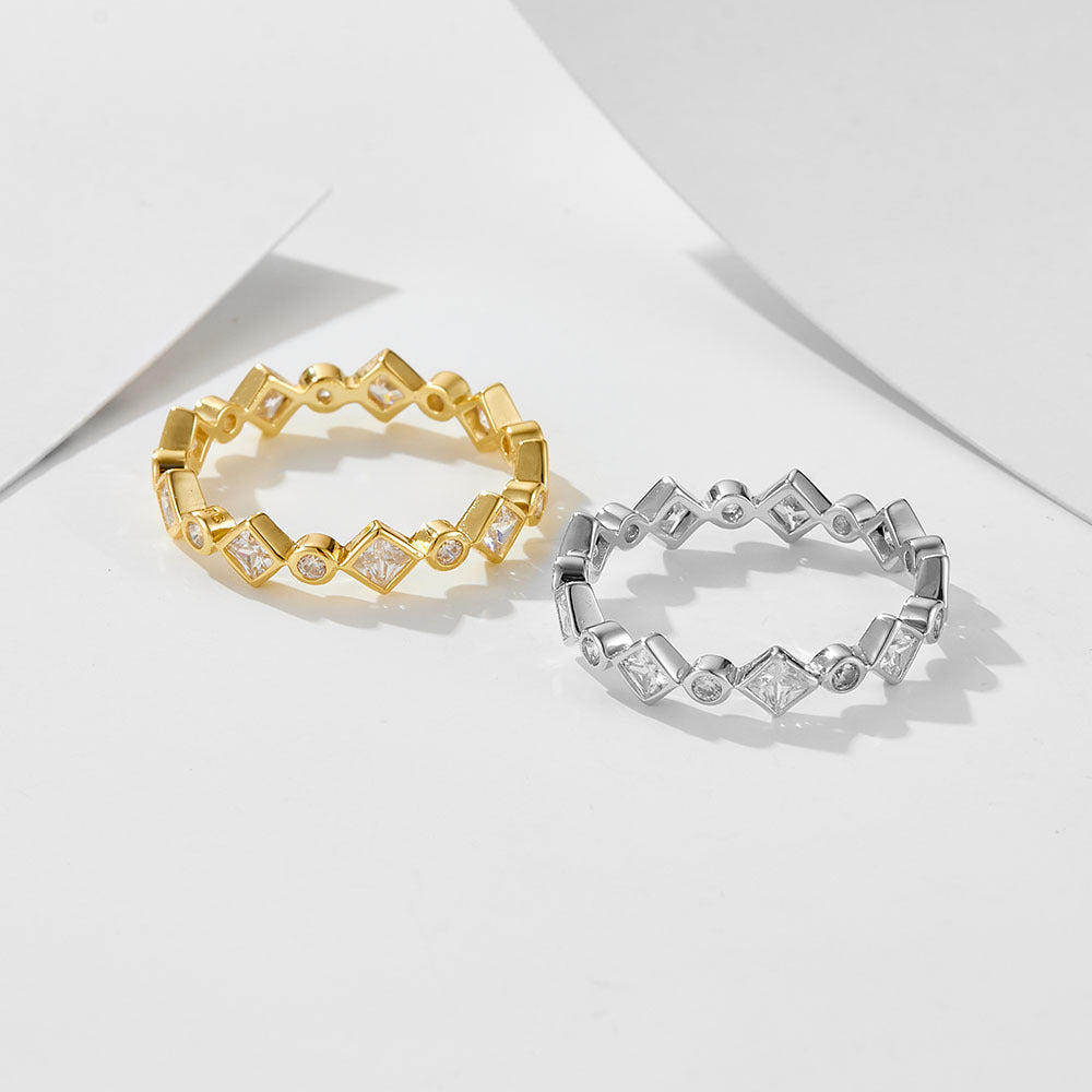 Sterling Silver Sparkling Geometric Rhombus Eternity Ring for Women, Elegant Versatile Jewelry