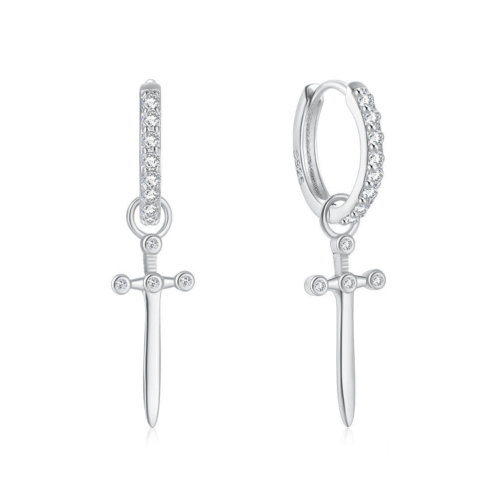 S925 Sterling Silver Cross Dagger Earrings | Light Luxury Zircon Inlay European & American Jewelry